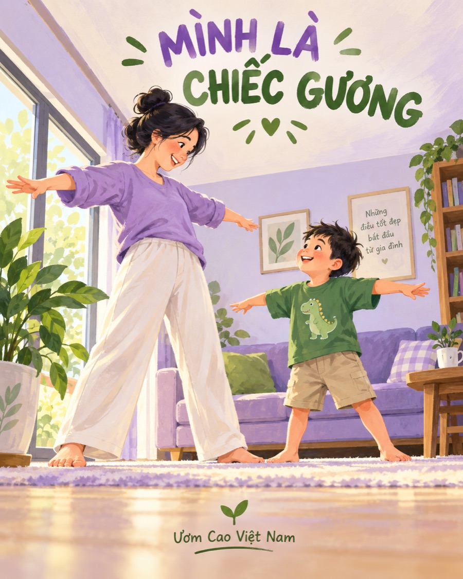 Minh họa mẹ và con chơi bắt chước động tác trong căn phòng sáng